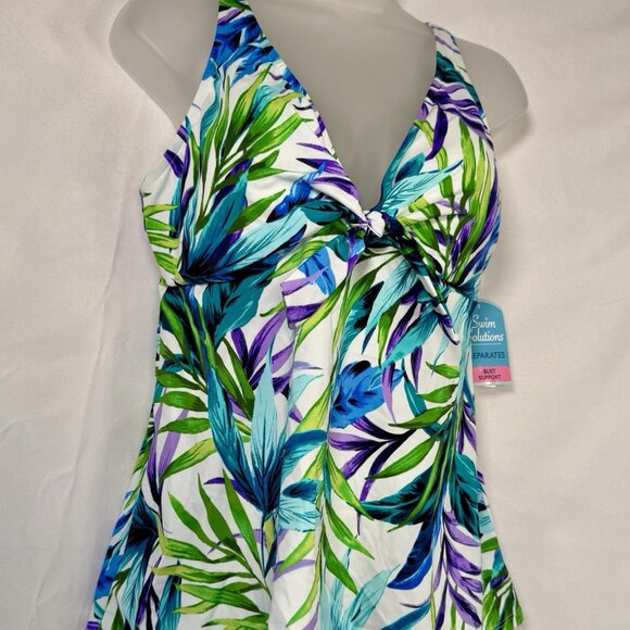 Swim Solutions Blue Palms Printed V-Neck Tankini Swimsuit Trapeze Top Size 12 - Picture 4 of 9